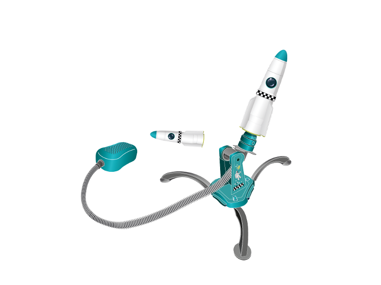 Un jouet fusée spatiale avec base et tube flexible.