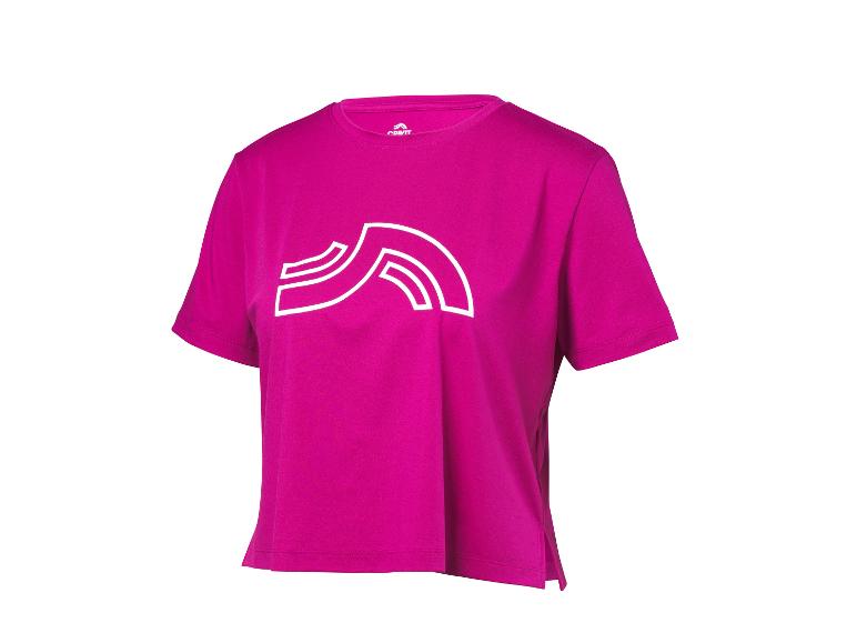 T-shirt de sport Crivit fuchsia à manches courtes avec un logo blanc sur le devant.