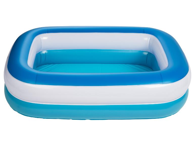 Piscine gonflable rectangulaire bleue et blanche pour enfants.
