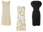 Trois robes d'été pour femmes : beige clair, blanc à motifs jaunes et noir.