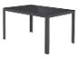 Table de jardin avec plateau en verre gris foncé et cadre métallique.