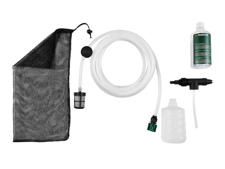 Kit de nettoyage Parkside avec tuyau, filtre, bouteille de détergent et récipient vide