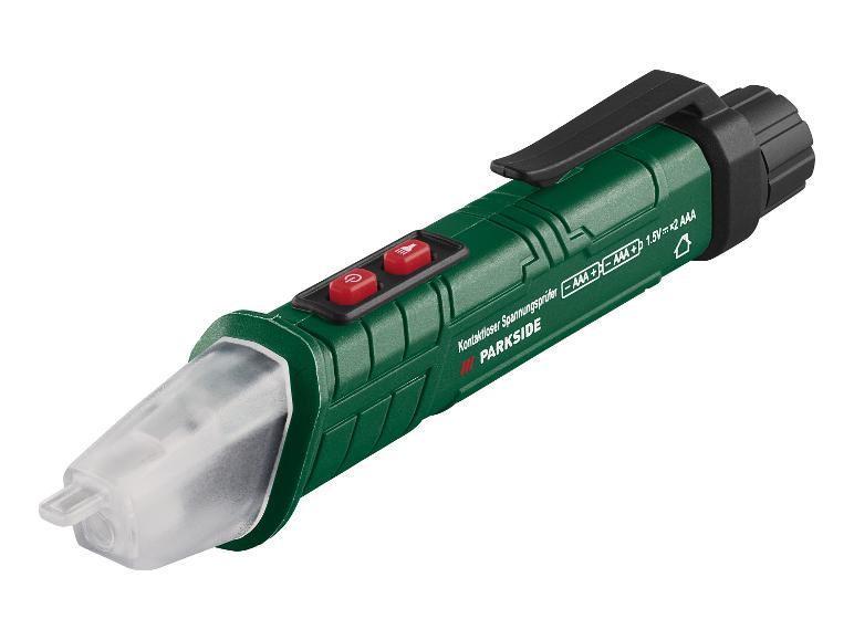 Testeur de tension sans contact vert avec boutons rouges et clip, fonctionnant avec 2 piles AAA de 1,5V.