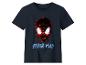 T-shirt enfant bleu marine avec une tête de Spiderman en sequins rouges et noirs et le texte 'SPIDER-MAN' en dessous.