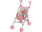 Poussette de poupée rose avec une poupée assise à l'intérieur.