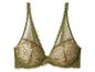Un soutien-gorge en dentelle vert olive avec des bretelles et des bonnets transparents.