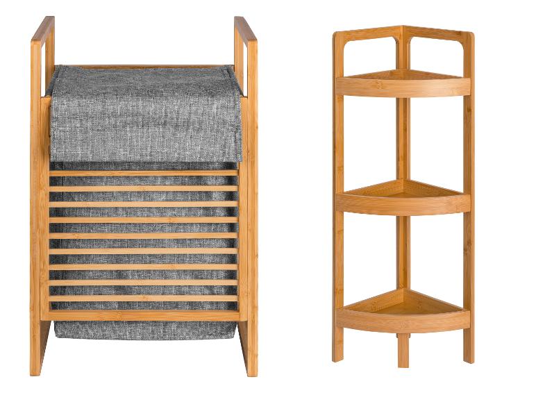Panier à linge en bambou avec doublure en tissu gris et étagère d'angle à trois niveaux
