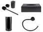 Brosse de toilette avec support, boîte à mouchoirs, porte-papier toilette et porte-serviettes en noir.
