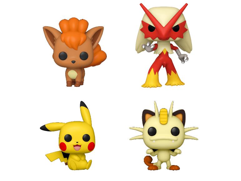Quatre figurines Pokémon : Vulpix, Blaziken, Pikachu et Miaouss.