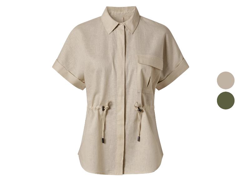 Chemise beige en lin, manches courtes, style décontracté.