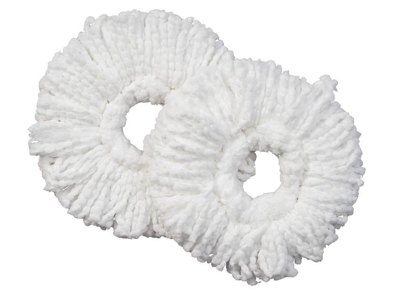 Deux têtes de balai à franges en microfibre blanches avec trous centraux