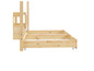 Un lit en bois avec un tiroir de rangement sur roulettes