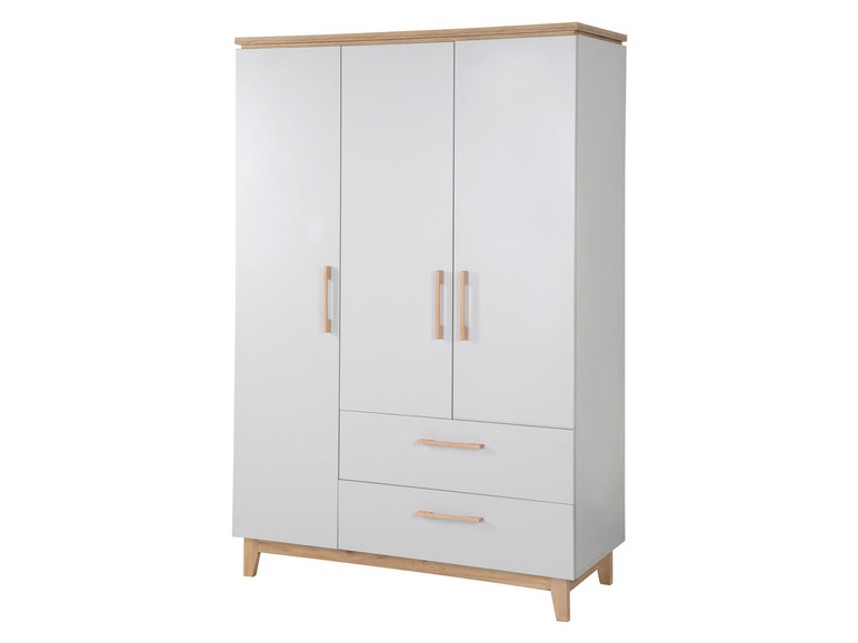 Armoire blanche avec deux portes et deux tiroirs.
