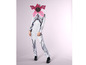 Un costume Stranger Things avec un masque Demogorgon rose et une combinaison blanche.