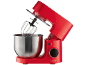 Robot pâtissier rouge avec bol en acier inoxydable et fouet.