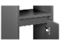 Détail d'une armoire grise avec des charnières métalliques.