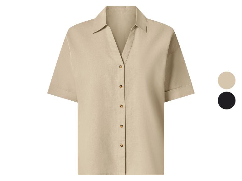 Chemise femme beige à manches courtes avec boutons, avec option de couleur noire.