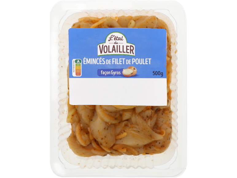 Barquette d'émincés de filet de poulet façon gyros, 500g.