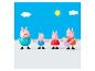 Figurines de la famille Peppa Pig se tenant la main sous un ciel bleu avec nuages et soleil.