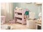 Étagère de rangement rose pour enfants avec bacs en tissu et décorations d'animaux.
