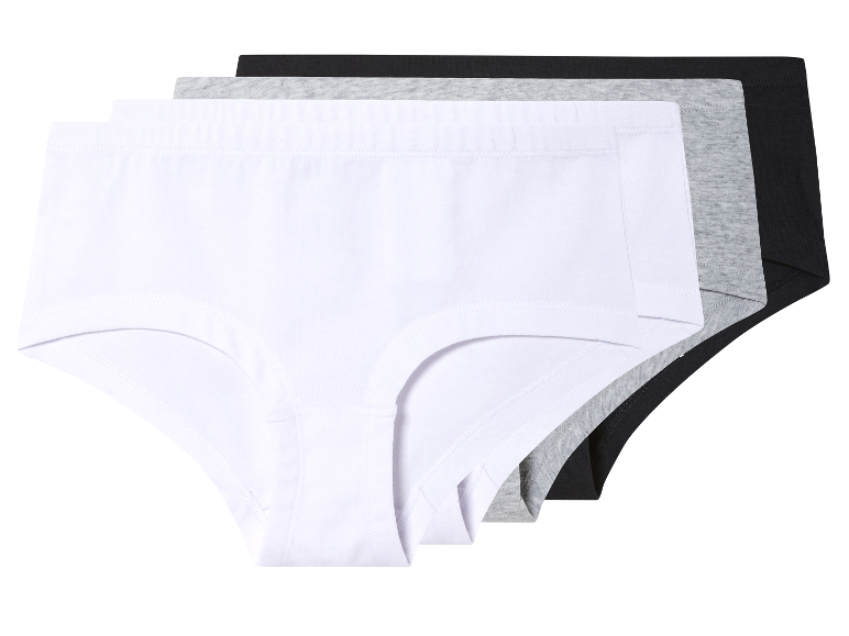 Trois culottes en coton : blanche, grise et noire.