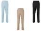 Trois paires de pantalons pour femmes taille haute en bleu clair, beige et noir.