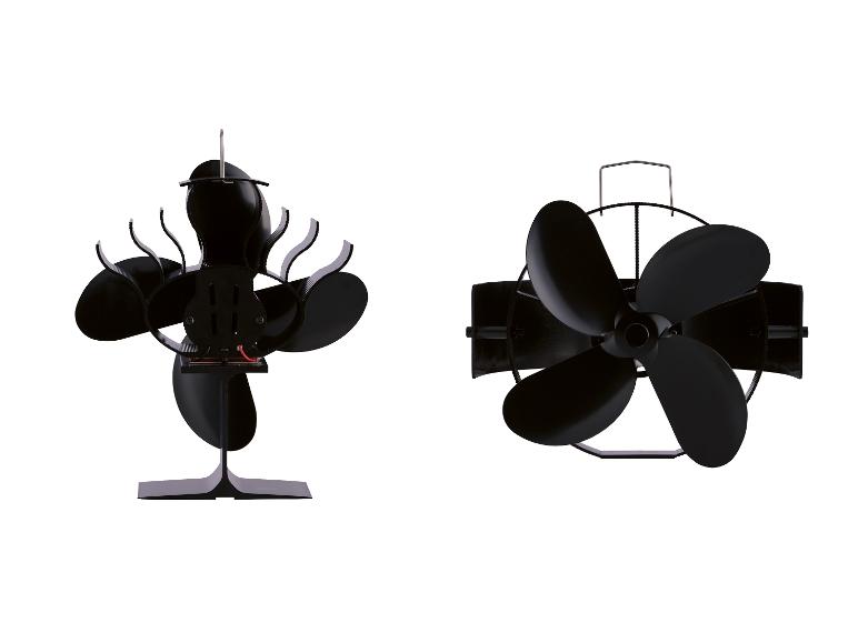 Deux ventilateurs de poêle noirs thermiques avec différentes conceptions de pales et de bases.