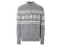 Pull gris à motif hivernal et fermeture éclair.
