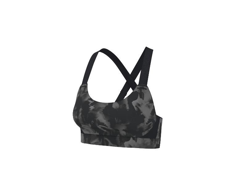 Soutien-gorge de sport à motif camouflage gris et noir avec bretelles croisées.