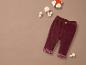 Pantalon bordeaux à pois blancs, champignons en bois et un renard.