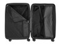 Une valise noire Topmove ouverte avec des roulettes.