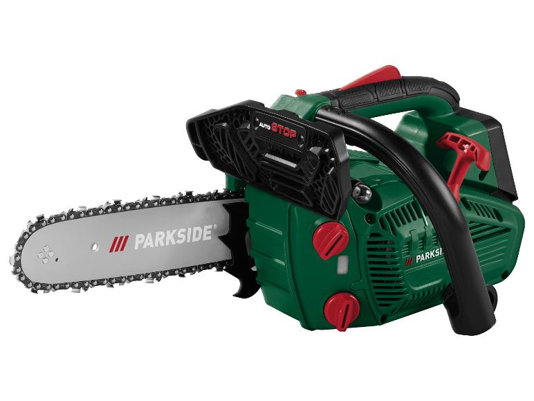 Tronçonneuse électrique PARKSIDE verte et noire avec des accents rouges, portant l'étiquette 'AUTO STOP'.