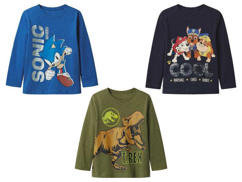 Trois t-shirts à manches longues: Sonic, Pat' Patrouille et Jurassic Park.