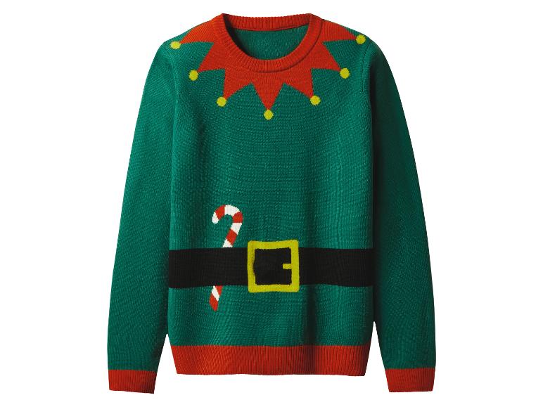 Pull de Noël vert avec un motif d'elfe, col rouge, ceinture noire et canne à sucre.