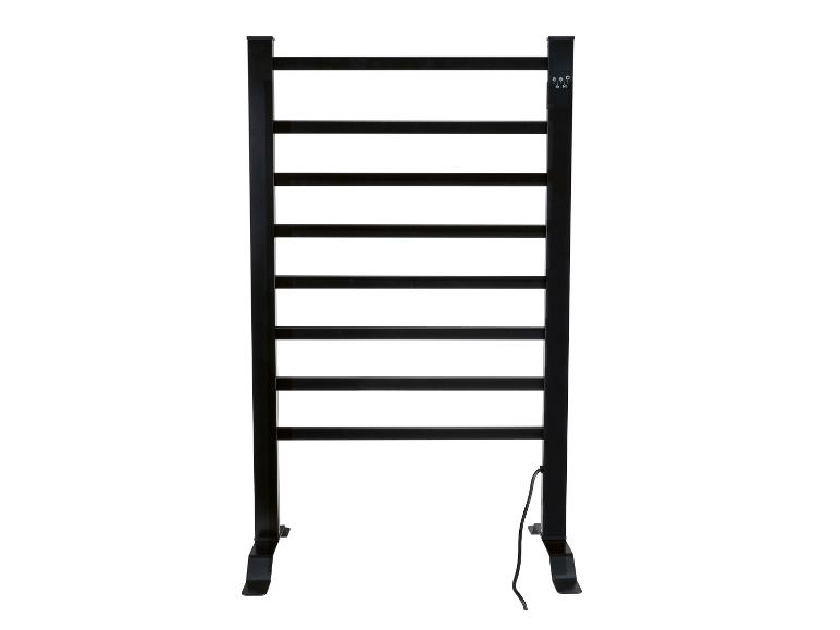 Un porte-serviettes électrique noir avec huit barres horizontales et un cordon d'alimentation.