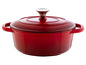 Une cocotte en fonte rouge avec un couvercle.