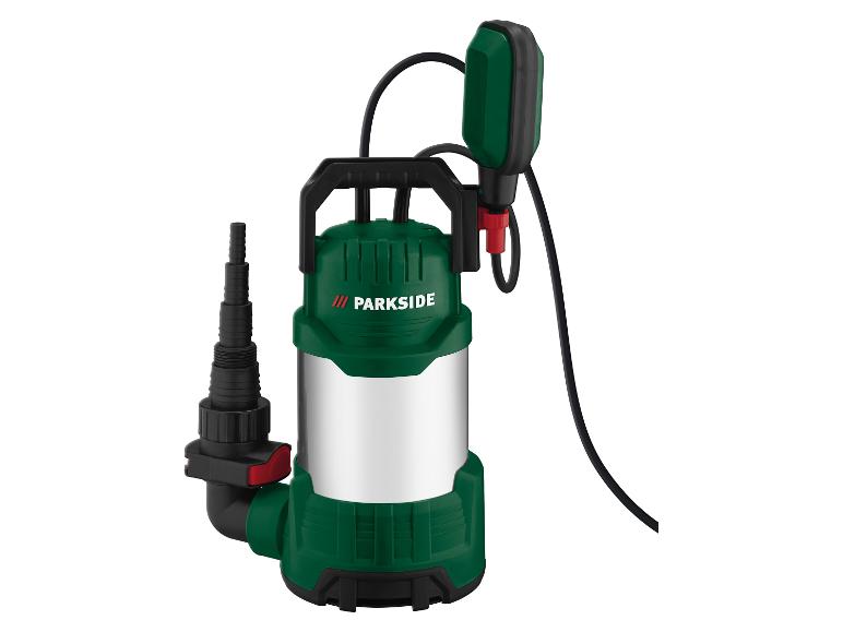 Pompe submersible Parkside verte et argentée avec câble et flotteur.