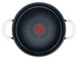Une casserole noire avec deux poignées, de la marque Tefal, avec un motif de points au fond.