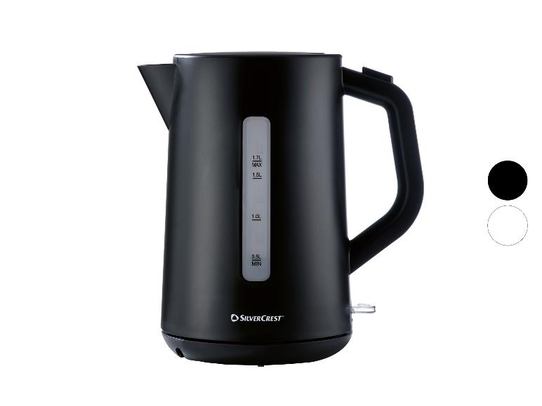 Bouilloire électrique noire SilverCrest avec indicateur de niveau d'eau et capacité de 1,7L.