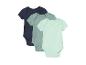 Trois bodys bébé: bleu marine, vert d'eau et gris clair.