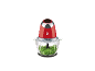 Hachoir rouge avec bol transparent rempli d'herbes fraîches.