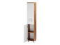 Une armoire de salle de bain blanche avec deux tiroirs et une porte, avec des accents en bois.