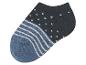 Une chaussette bleue avec des rayures et de petits motifs.