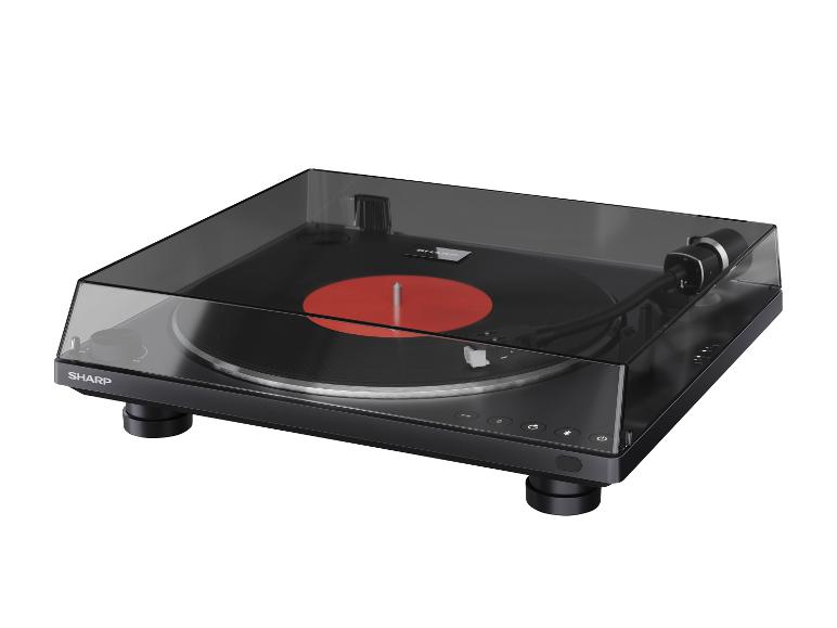Platine vinyle noire avec couvercle transparent et vinyle rouge sur fond blanc.