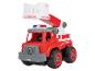 Camion de pompiers rouge et blanc avec bras extensible et lumières d'avertissement.