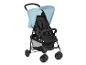 Poussette compacte bleu clair et noire pour bébé.