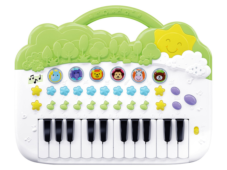 Un piano pour enfant vert avec des boutons d'animaux