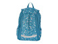 Un sac à dos bleu avec des points blancs et roses.