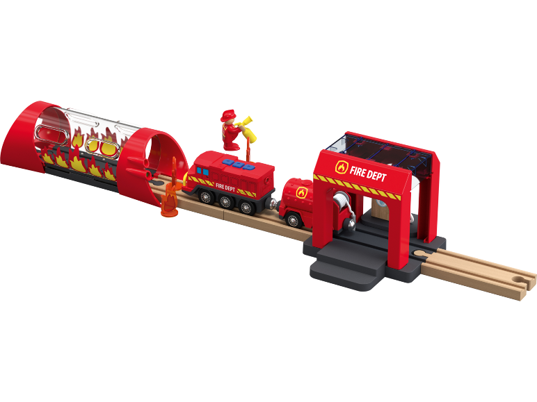 Ensemble de train de pompiers avec tunnel en flammes, gare et figurines.