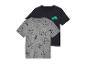 Deux t-shirts pour enfants : un gris à motifs animaux, un bleu marine avec un crocodile.